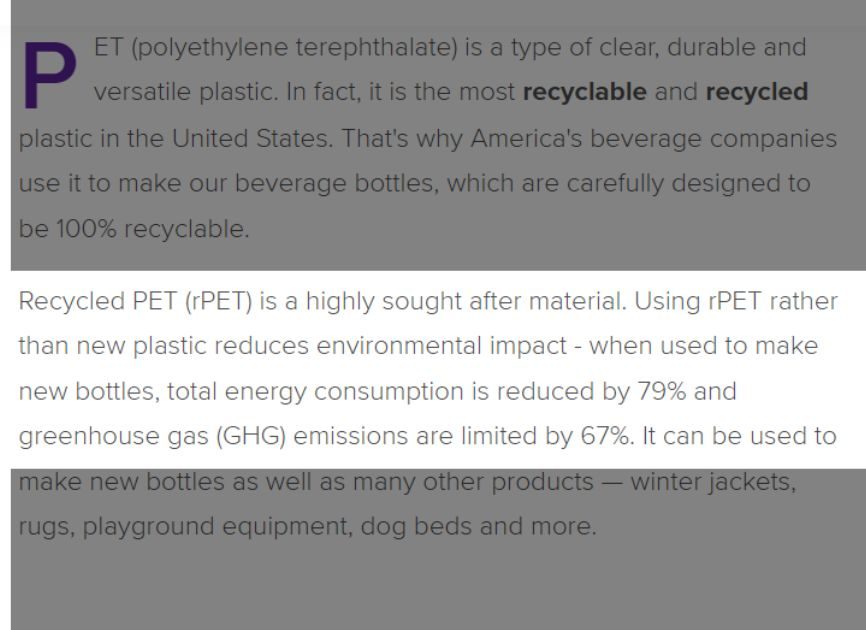 PET cuts total energy consumption by 79% and lowers greenhouse gas emissions by 67%