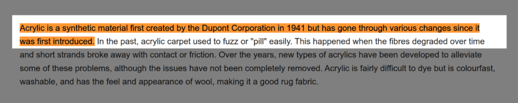 the Dupont Corporation in 1941 was the first to create this synthetic material we are naming acrylic