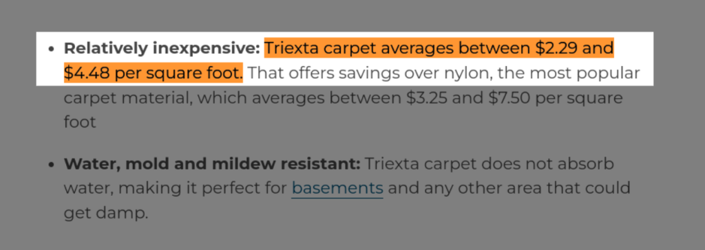 Triexta is relatively inexpensive as its average cost ranges between $2.29 and $4.48 per square foot